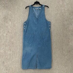 Marsh Landing Denim Pinafore Dress V Neck Sleeveless Blue Cotton Size S Jumper